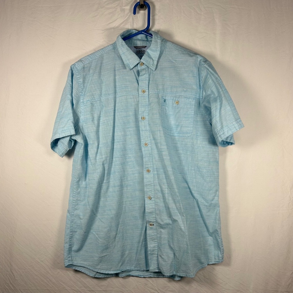 IZOD Button Down Shirt Mens XL Blue Saltwater Slub Short Sleeve Casual
